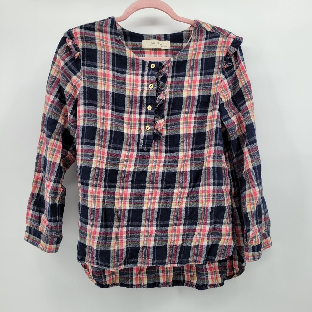 Anthropologie Isabella Sinclair plaid ruffle cotton flannel 1/4 button shirt M